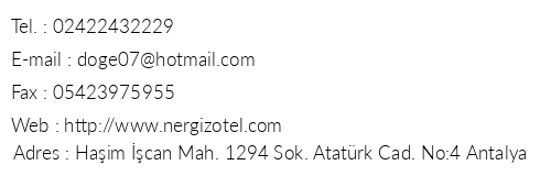 Nergiz Hotel telefon numaralar, faks, e-mail, posta adresi ve iletiim bilgileri